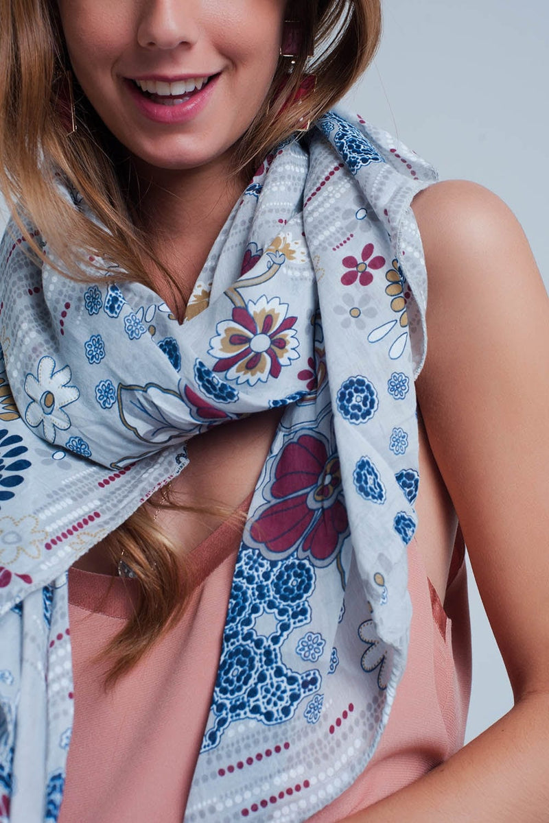 Q2 Women's Scarves, Wraps, & Gloves One Size / Grey / China Gray Scarf with Flower Print