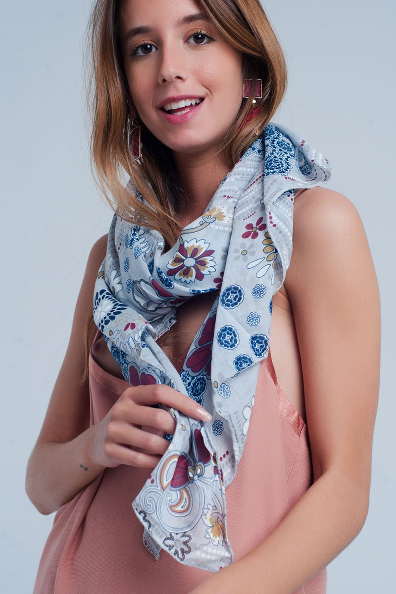 Q2 Women's Scarves, Wraps, & Gloves One Size / Grey / China Gray Scarf with Flower Print