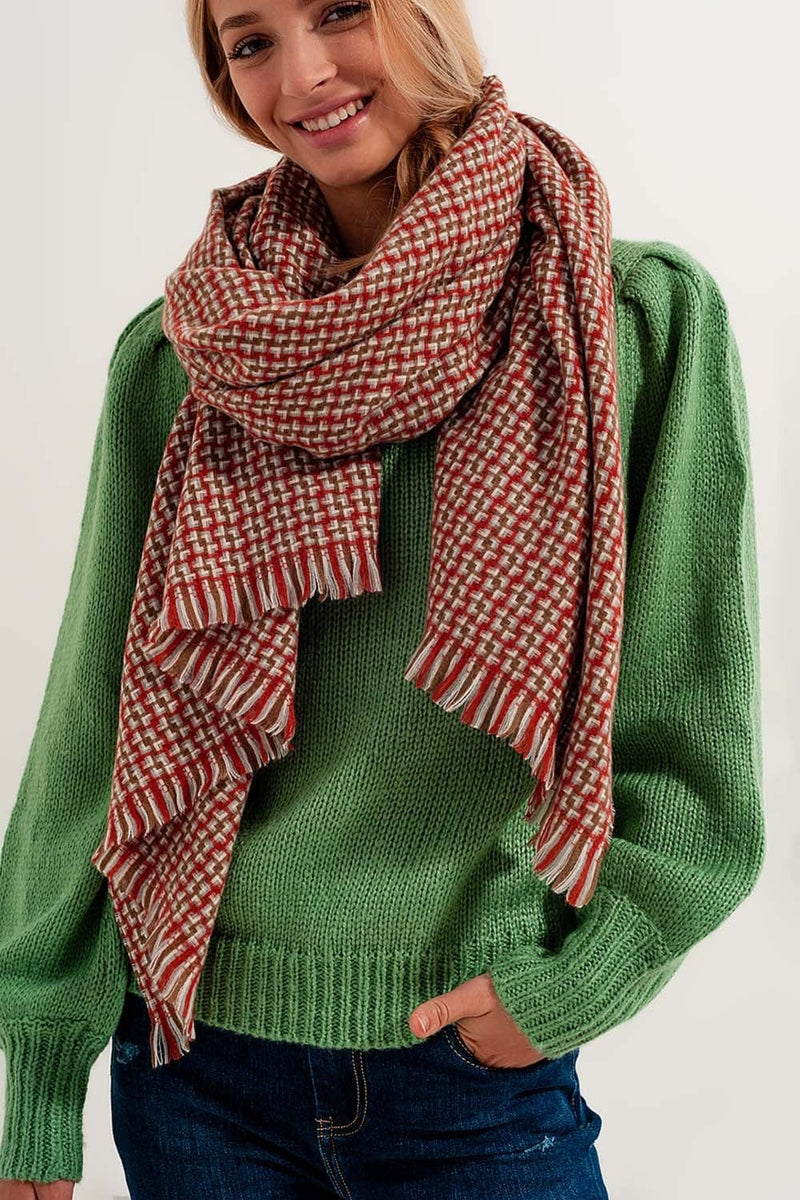 Q2 Women's Scarves, Wraps, & Gloves One Size / Red / China Super Soft Red Scarf with Geometric Print