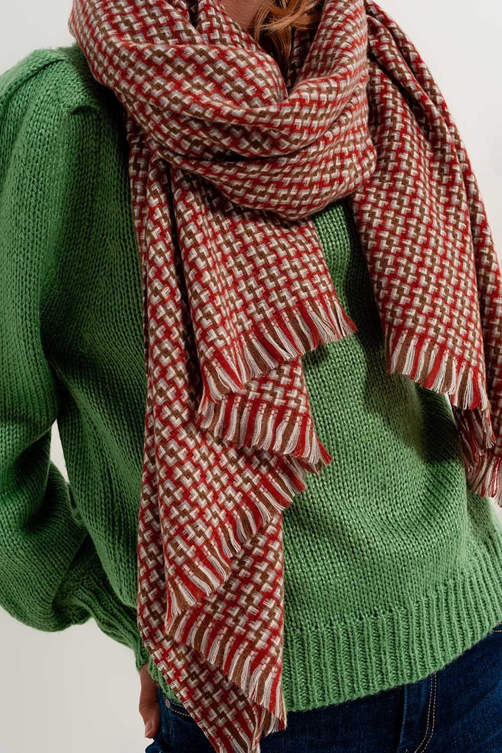 Q2 Women's Scarves, Wraps, & Gloves One Size / Red / China Super Soft Red Scarf with Geometric Print