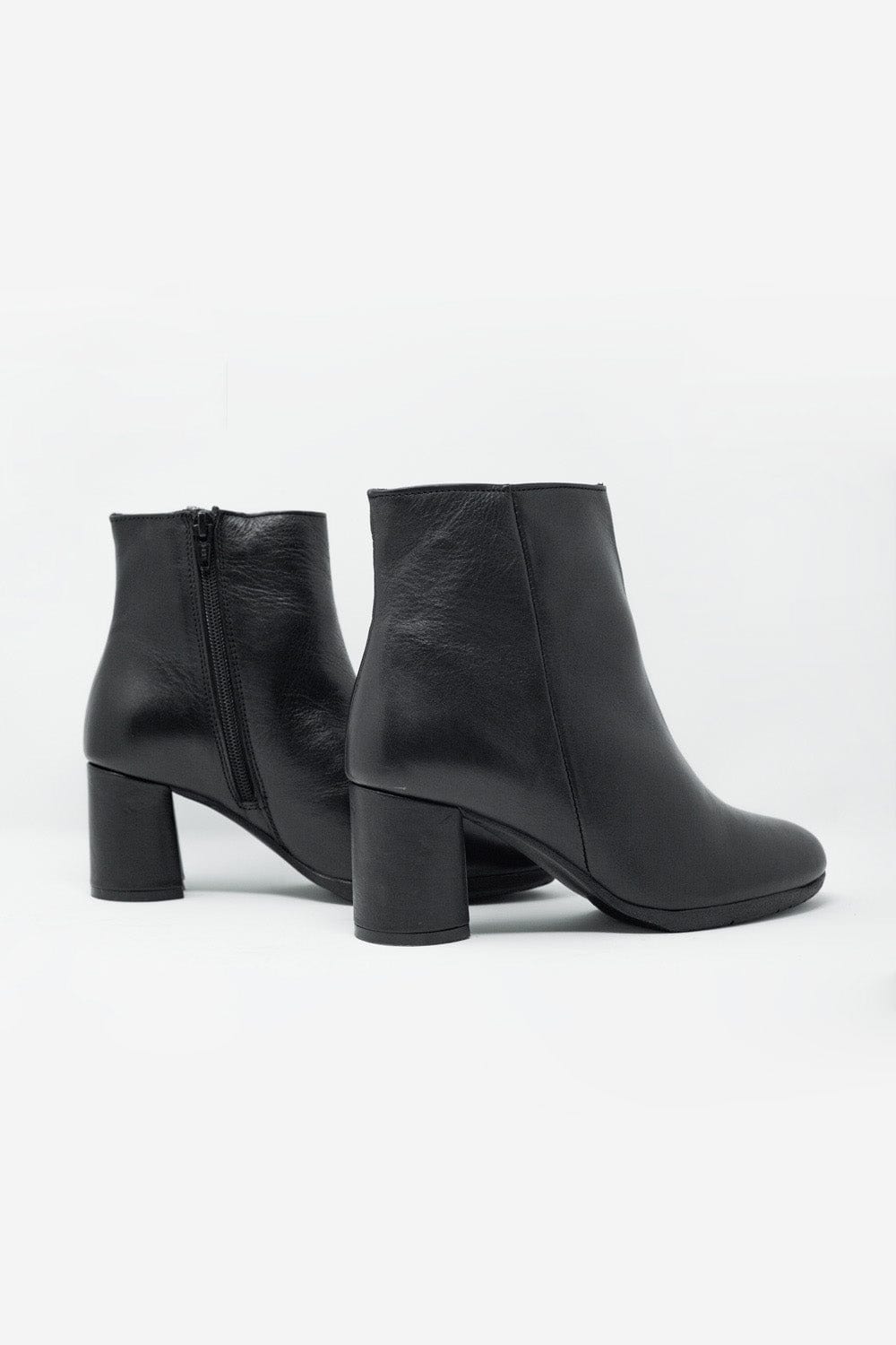 Q2 Women's Shoe Black Blocked Mid Heeled Ankle Boots with Round Toe