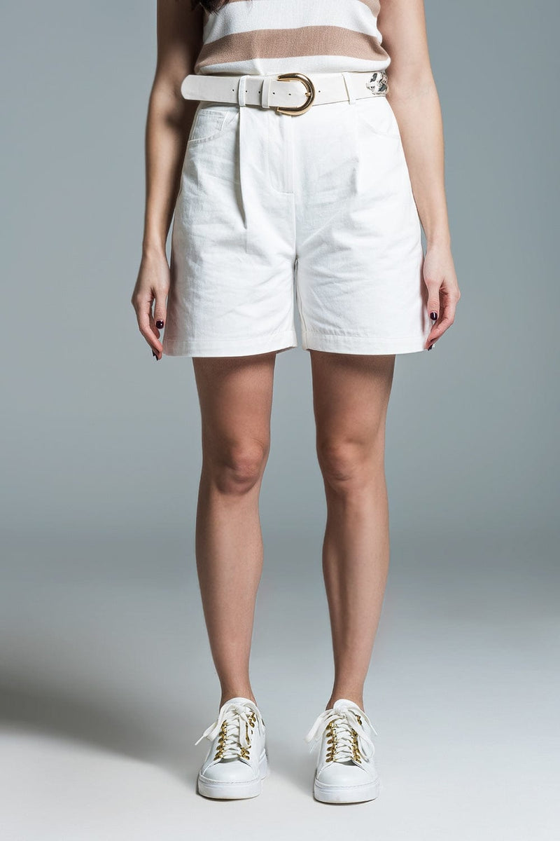Q2 Women's Shorts Bermuda Relaxed Fit Shorts With Front Pleats In White