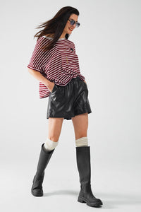 Q2 Women's Shorts Black Faux Leather Shorts With Gathering At The Waist With Drawstring