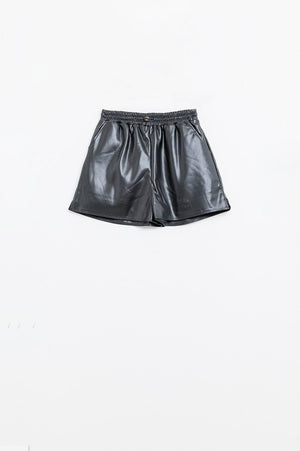 Q2 Women's Shorts Black Faux Leather Shorts With Gathering At The Waist With Drawstring