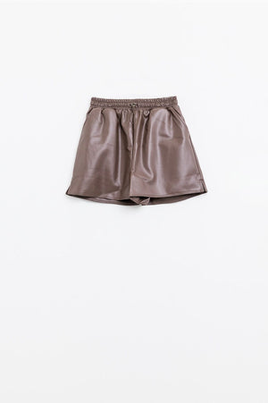 Q2 Women's Shorts Brown Faux Leather Shorts With Gathering At The Waist With Drawstring