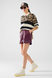 Q2 Women's Shorts Burgundy Faux Leather Shorts With Gathering At The Waist With Drawstring