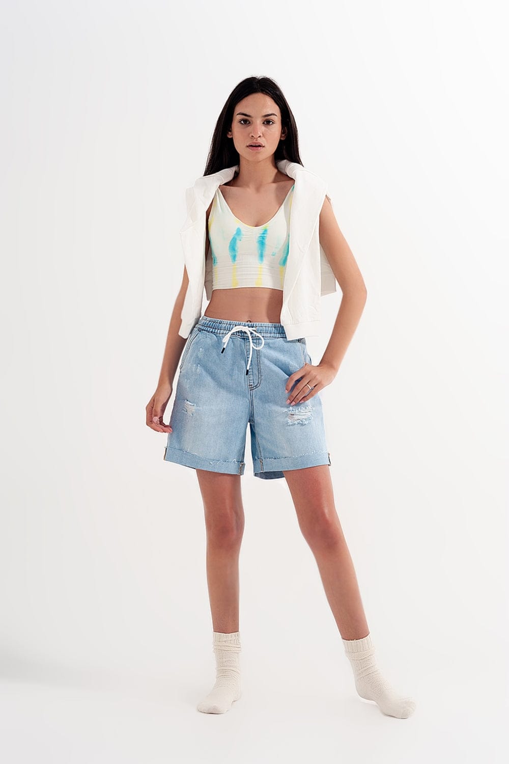 Q2 Women's Shorts Denim Shorts with Elastic Waist in Wash Blue
