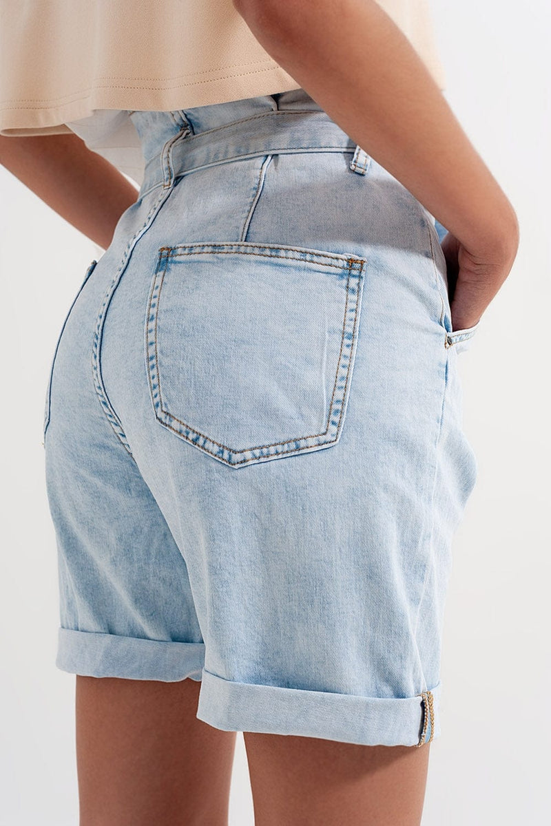 Q2 Women's Shorts Denim Shorts with Light Blue Wash and Waist Tie