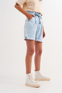 Q2 Women's Shorts Denim Shorts with Light Blue Wash and Waist Tie