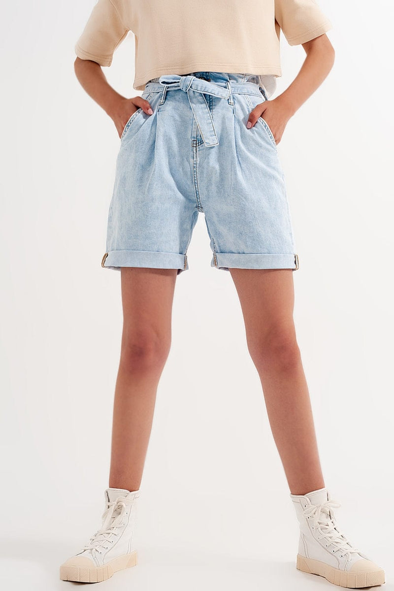 Q2 Women's Shorts Denim Shorts with Light Blue Wash and Waist Tie