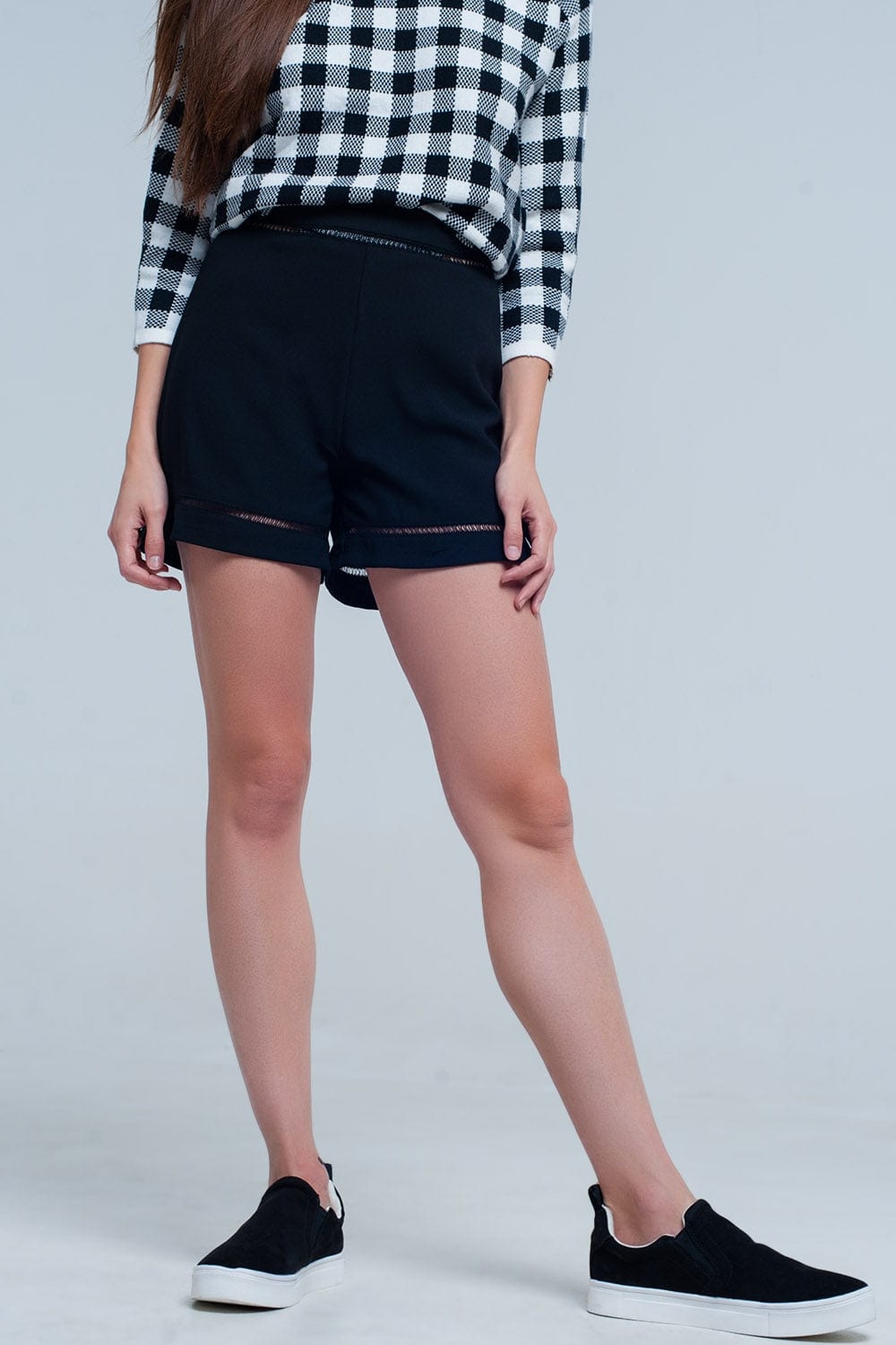 Q2 Women's Shorts High waist black short with lace detail