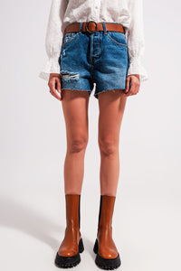 Q2 Women's Shorts High Waisted Ripped Denim Shorts in Mid Wash