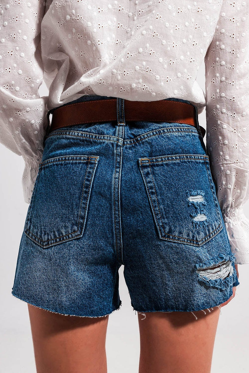 Q2 Women's Shorts High Waisted Ripped Denim Shorts in Mid Wash