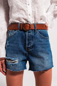 Q2 Women's Shorts High Waisted Ripped Denim Shorts in Mid Wash