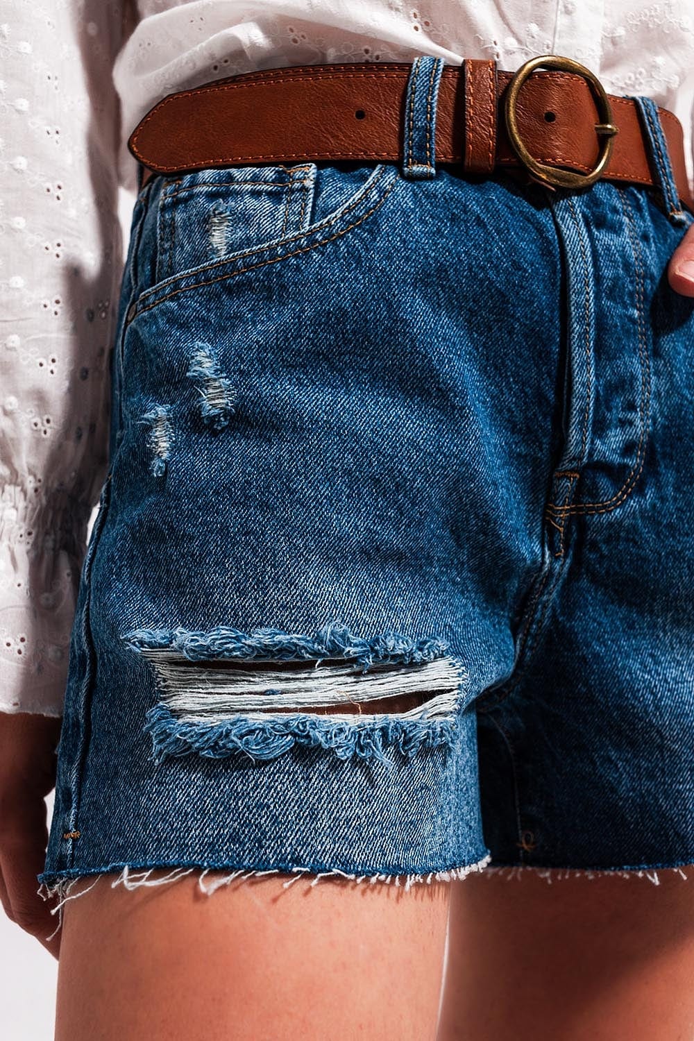 Q2 Women's Shorts High Waisted Ripped Denim Shorts in Mid Wash
