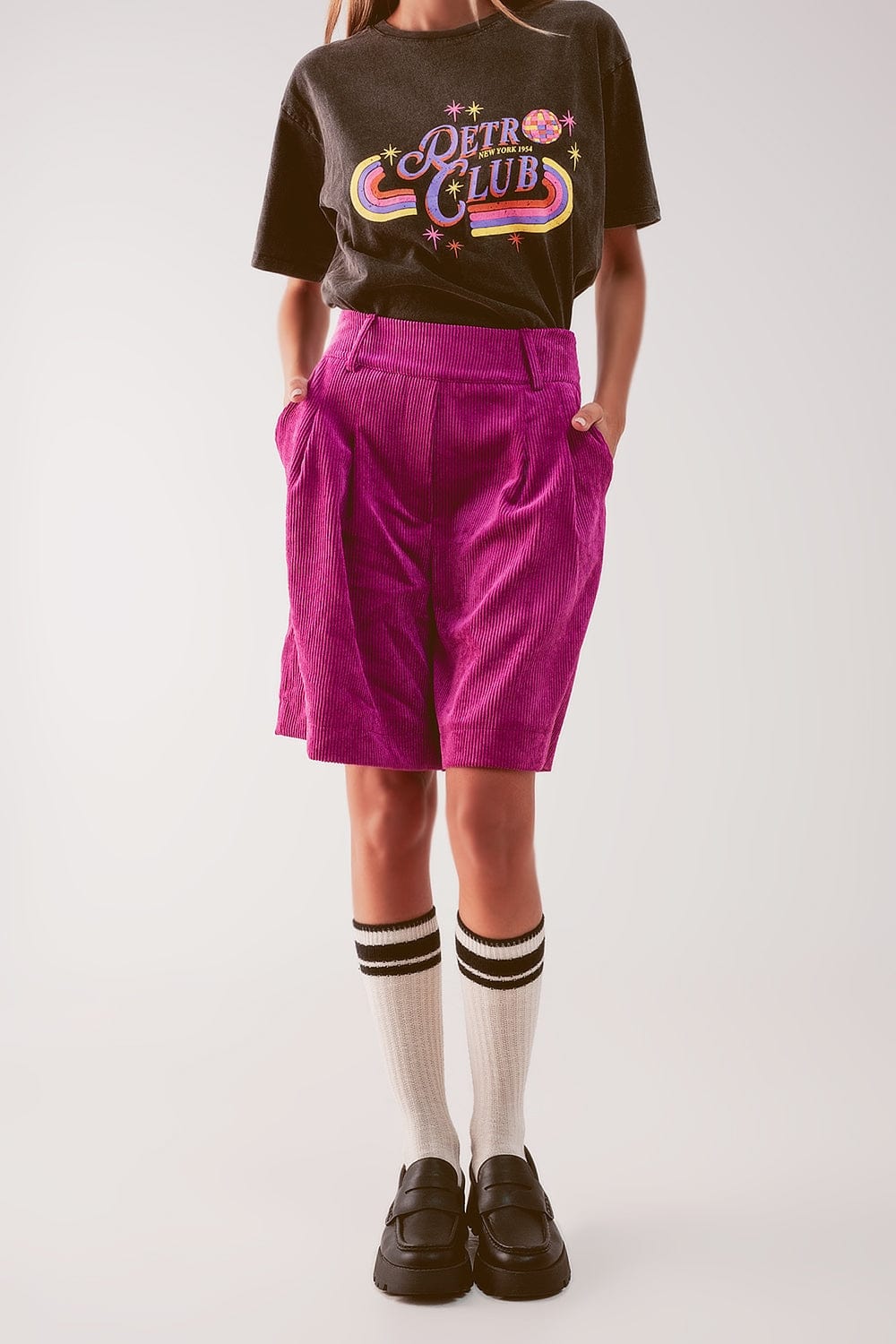 Q2 Women's Shorts Longline Short in Fuchsia Cord
