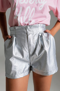 Q2 Women's Shorts Metallic Shorts With Front Dart In Silver