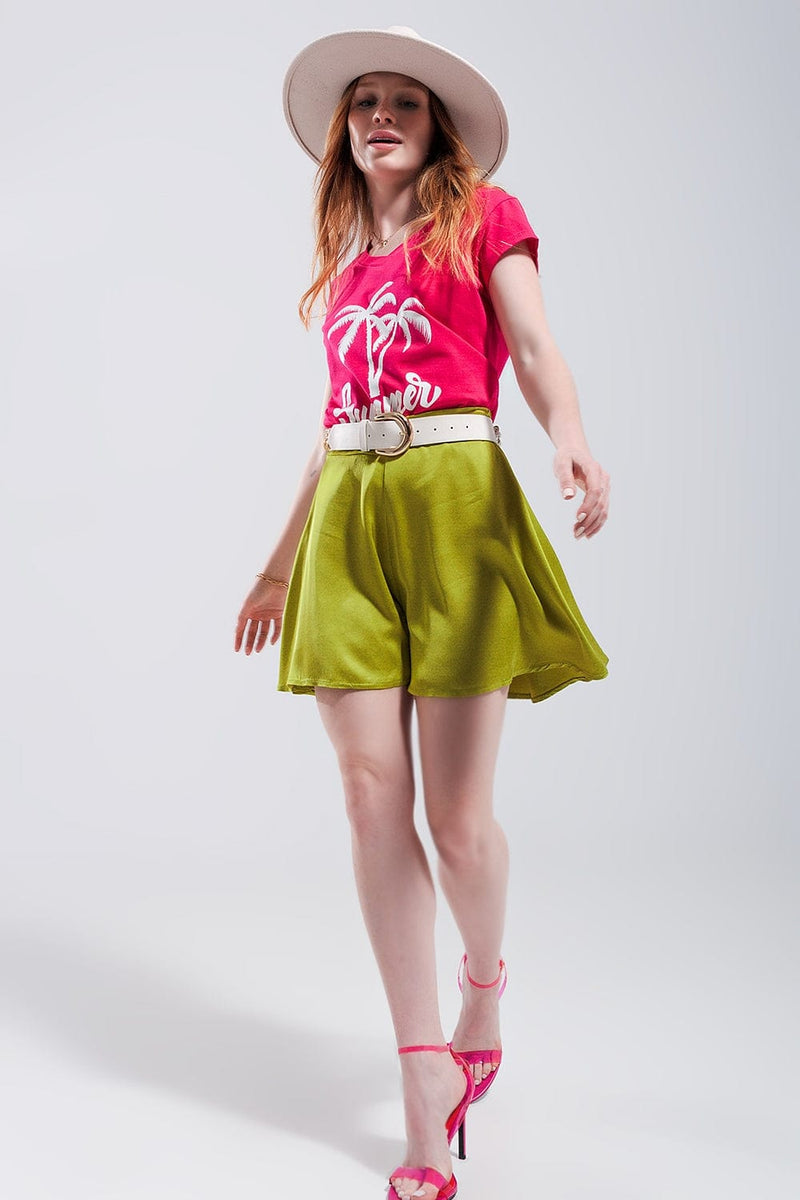 Q2 Women's Shorts One Size / Green / China High Rise Satin Shorts in Lime Green