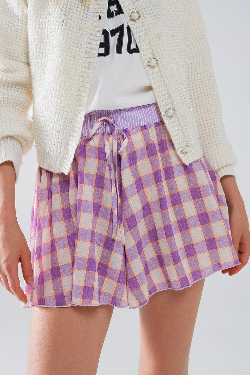 Q2 Women's Shorts Purple Checkered Print Shorts With Tight-Fitting Waist Detail