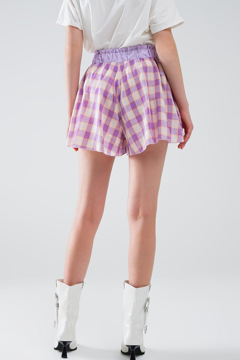 Q2 Women's Shorts Purple Checkered Print Shorts With Tight-Fitting Waist Detail