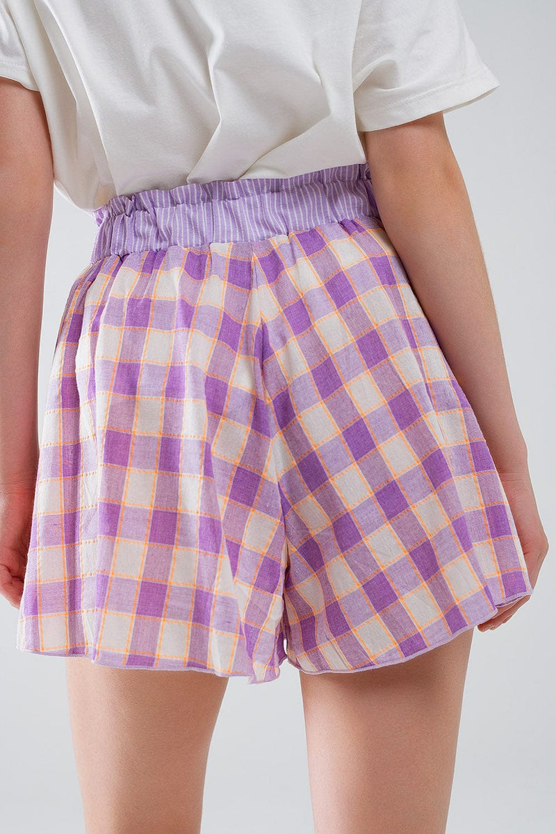 Q2 Women's Shorts Purple Checkered Print Shorts With Tight-Fitting Waist Detail