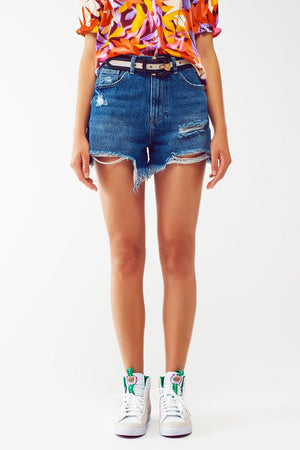 Q2 Women's Shorts Short Distressed Jeans in Mid Wash