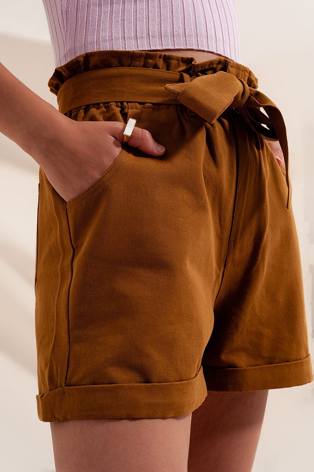 Q2 Women's Shorts Shorts with Belted Waist in Camel