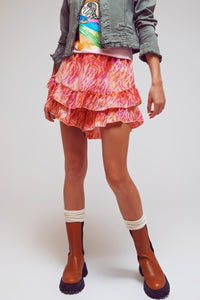 Q2 Women's Shorts Shorts With Frilly Hem In Abstract Zebra Print In Orange And Fuchsia
