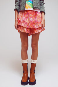 Q2 Women's Shorts Shorts With Frilly Hem In Abstract Zebra Print In Orange And Fuchsia
