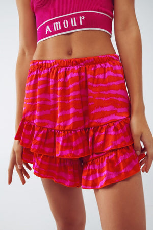 Q2 Women's Shorts Shorts With Frilly Hem In Zebra Print In Orange And Fuchsia