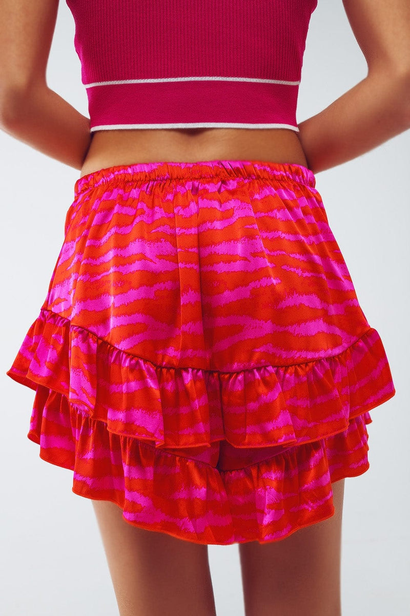 Q2 Women's Shorts Shorts With Frilly Hem In Zebra Print In Orange And Fuchsia