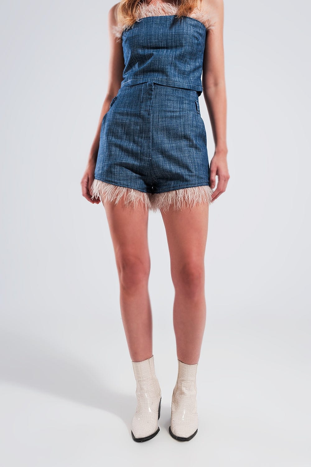 Q2 Women's Shorts Suit Shorts with Faux Feather Hem in Blue