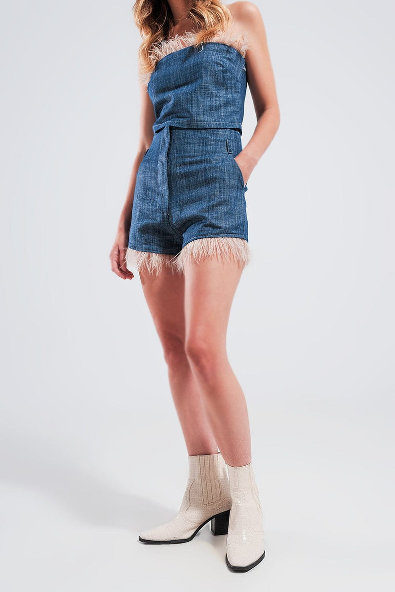 Q2 Women's Shorts Suit Shorts with Faux Feather Hem in Blue
