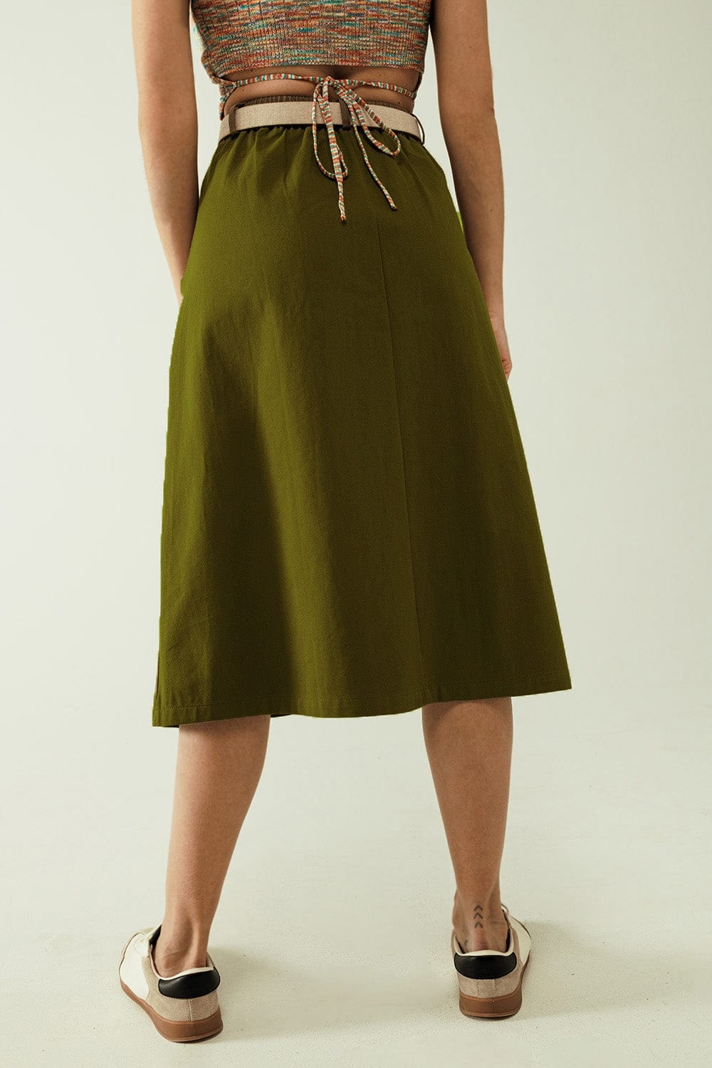 Q2 Women's Skirt A Line Midi Khaki Skirt With Pockets In Khaki