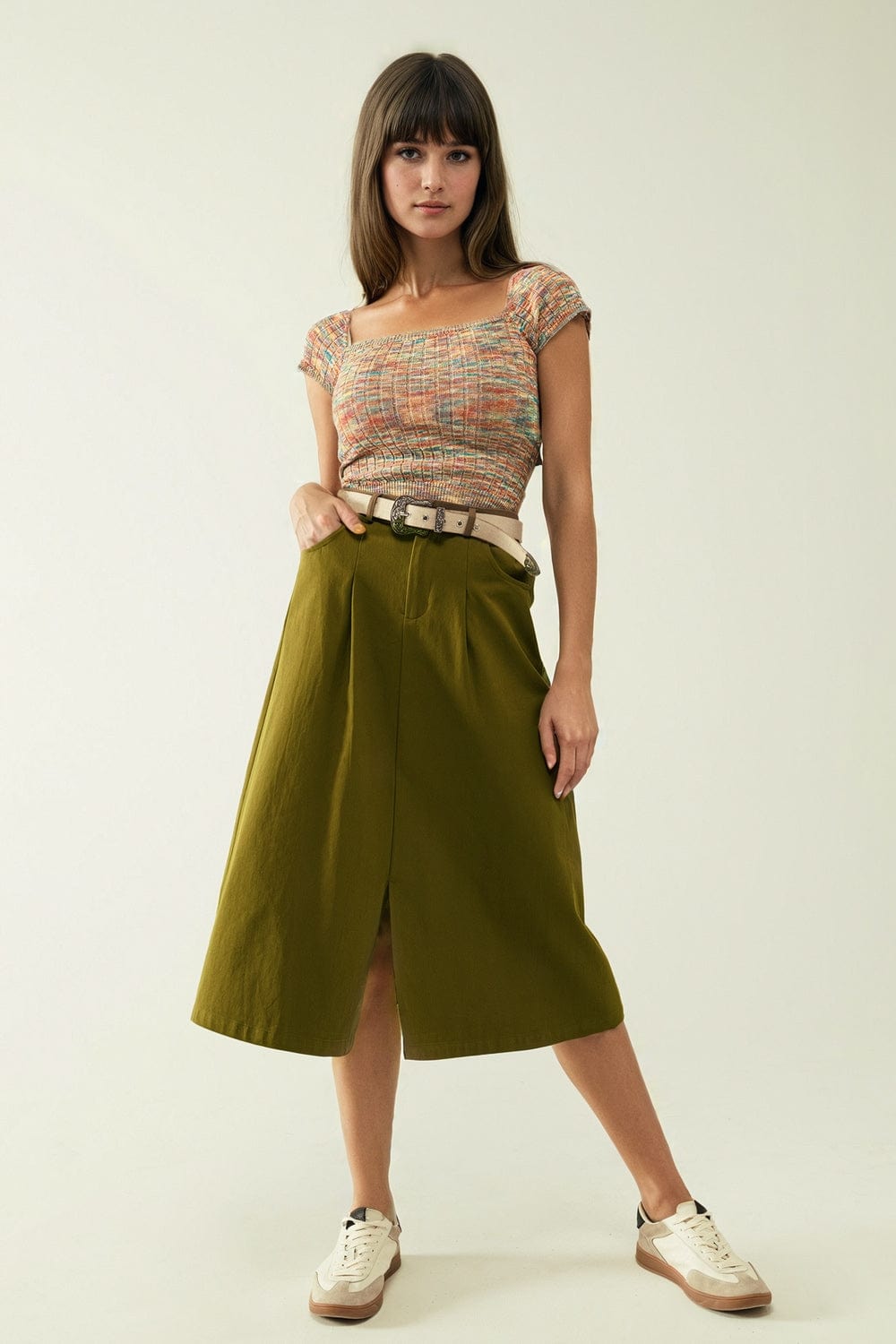 Q2 Women's Skirt A Line Midi Khaki Skirt With Pockets In Khaki