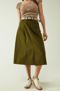 Q2 Women's Skirt A Line Midi Khaki Skirt With Pockets In Khaki