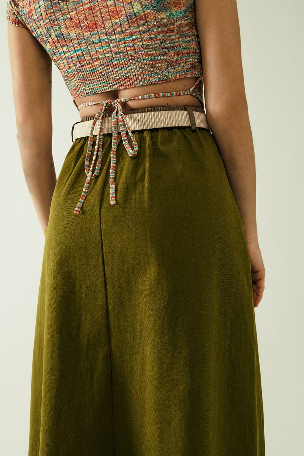 Q2 Women's Skirt A Line Midi Khaki Skirt With Pockets In Khaki