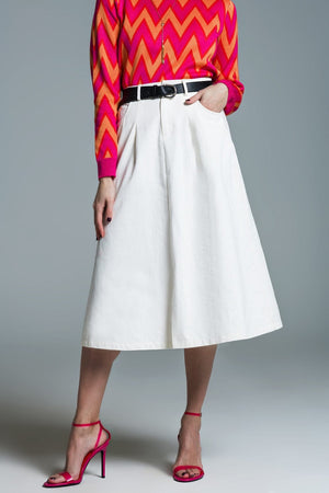 Q2 Women's Skirt A Line Midi White Skirt With Pockets In White