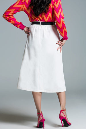 Q2 Women's Skirt A Line Midi White Skirt With Pockets In White