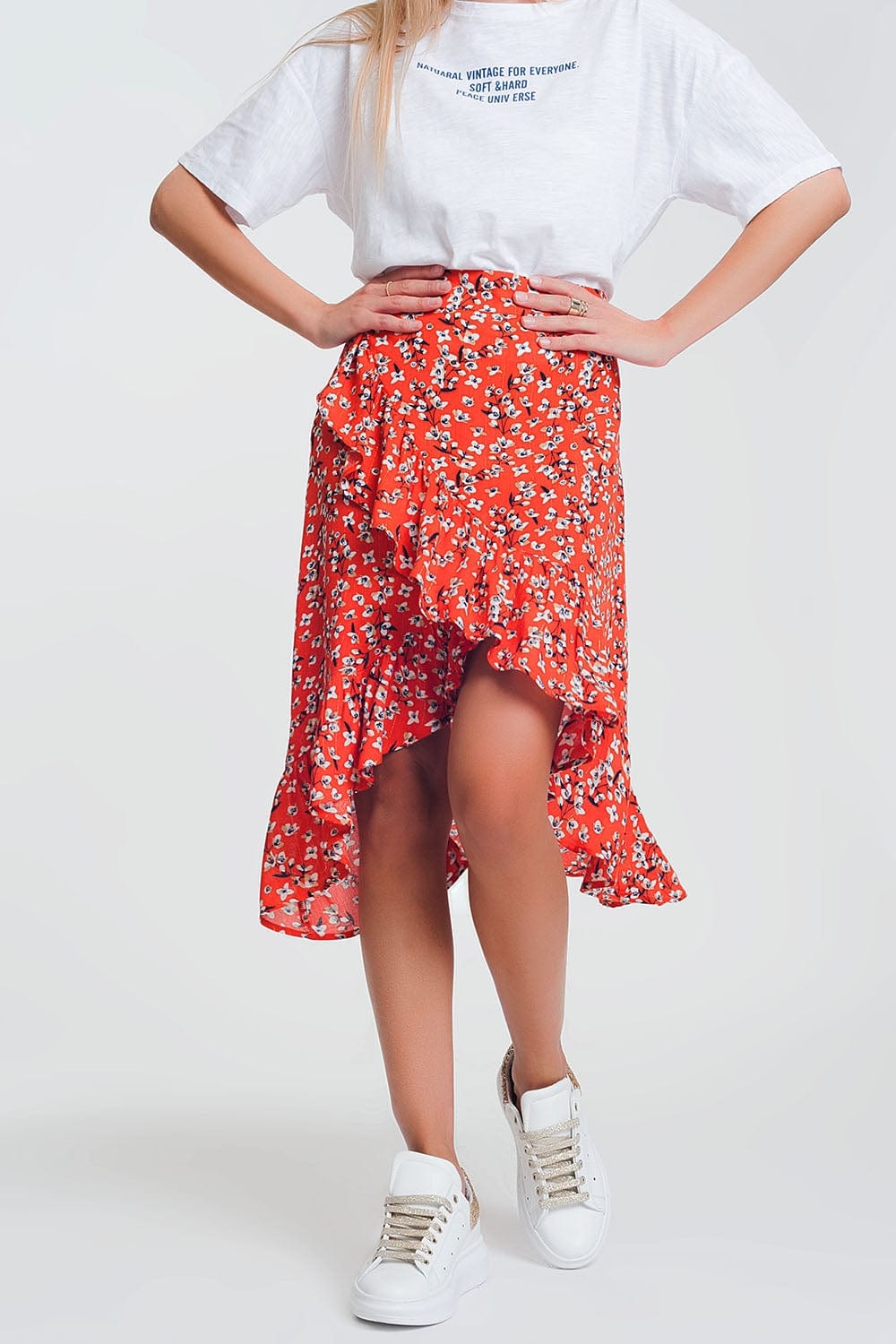 Q2 Women's Skirt Asymetric wrap printed red skirt