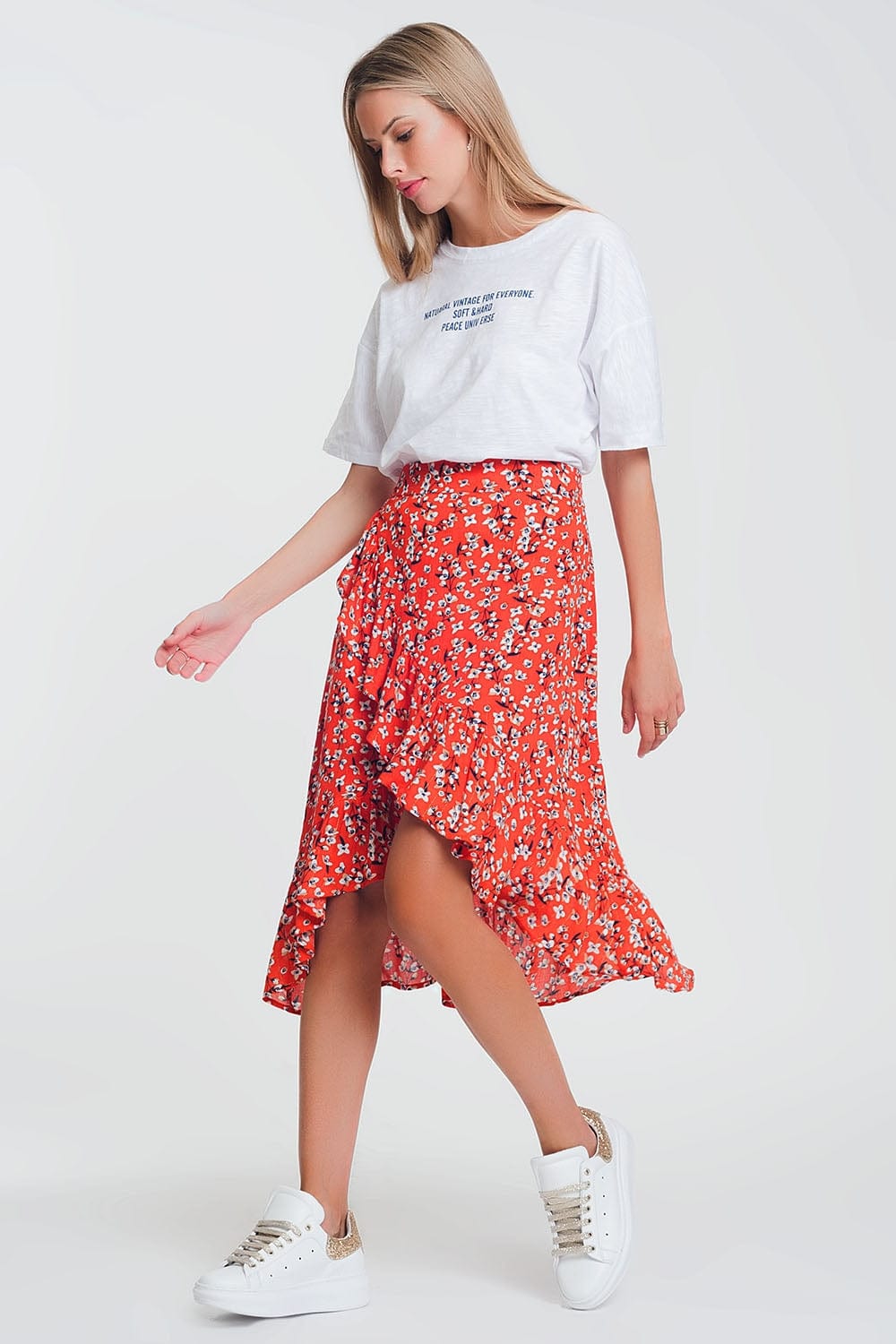 Q2 Women's Skirt Asymetric wrap printed red skirt