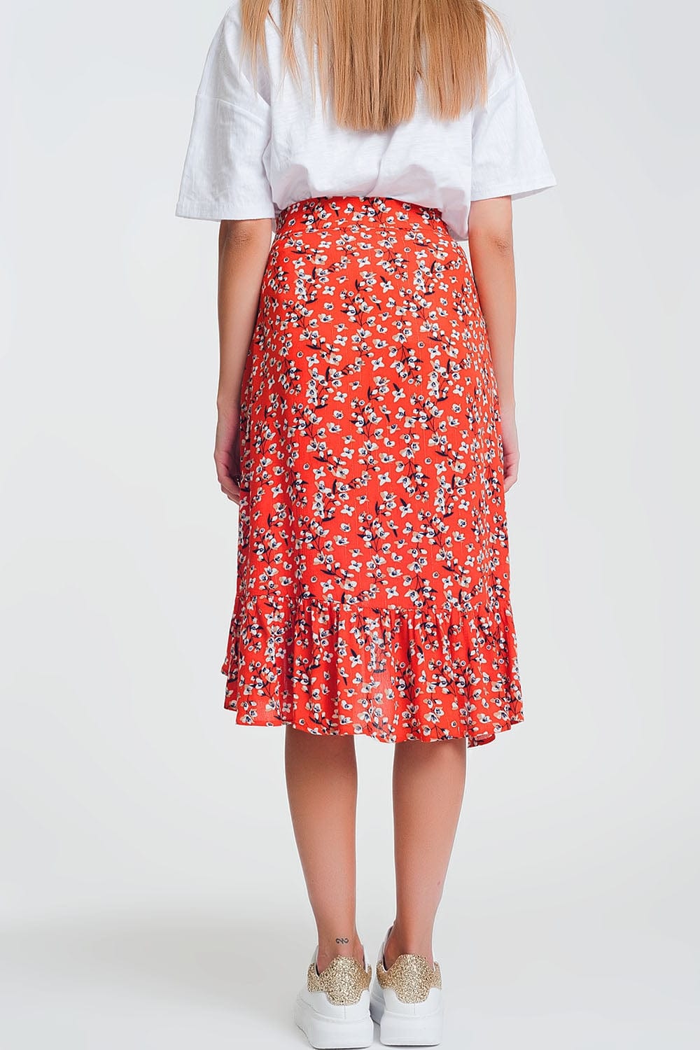 Q2 Women's Skirt Asymetric wrap printed red skirt
