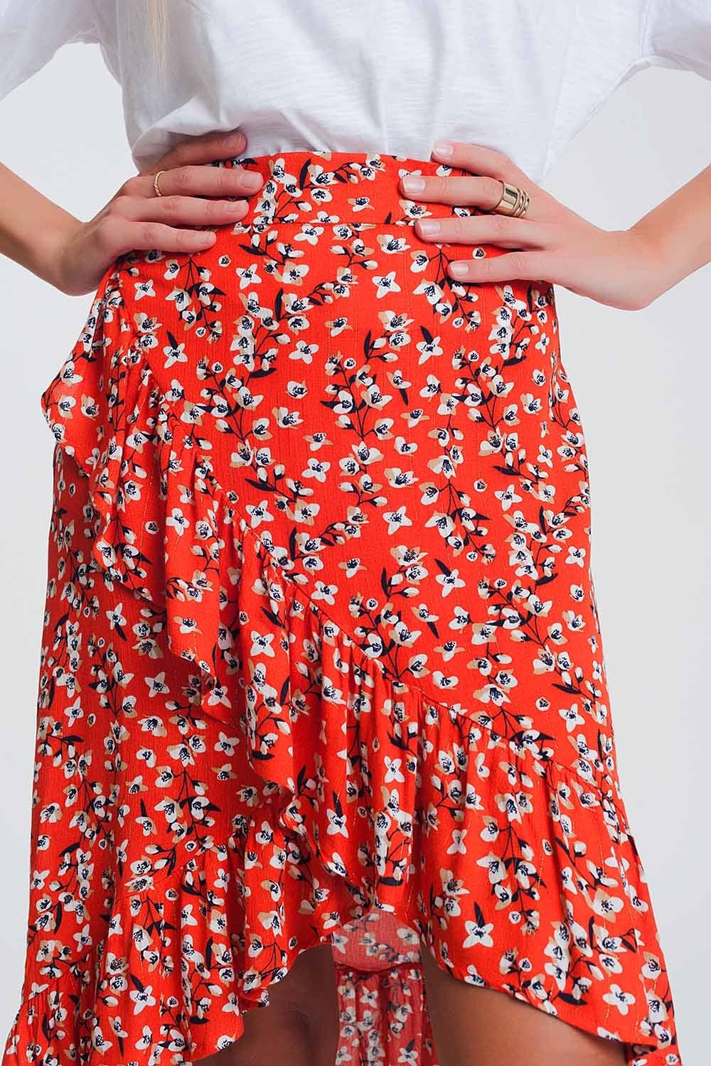 Q2 Women's Skirt Asymetric wrap printed red skirt