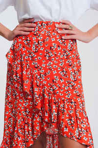 Q2 Women's Skirt Asymetric wrap printed red skirt