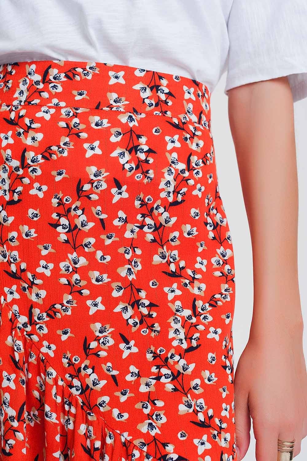 Q2 Women's Skirt Asymetric wrap printed red skirt