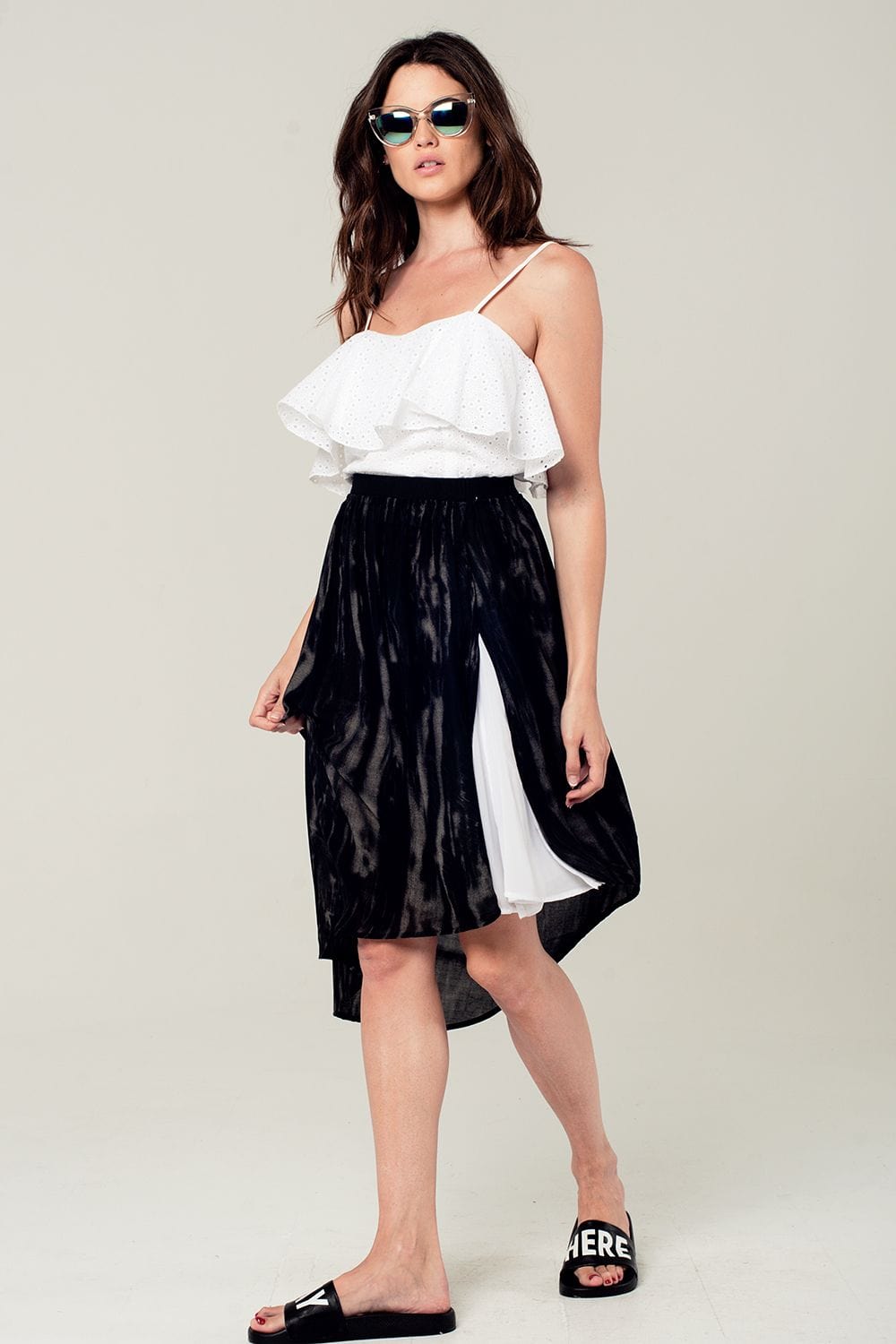 Q2 Women's Skirt Asymmetric hem skirt in black and gray print