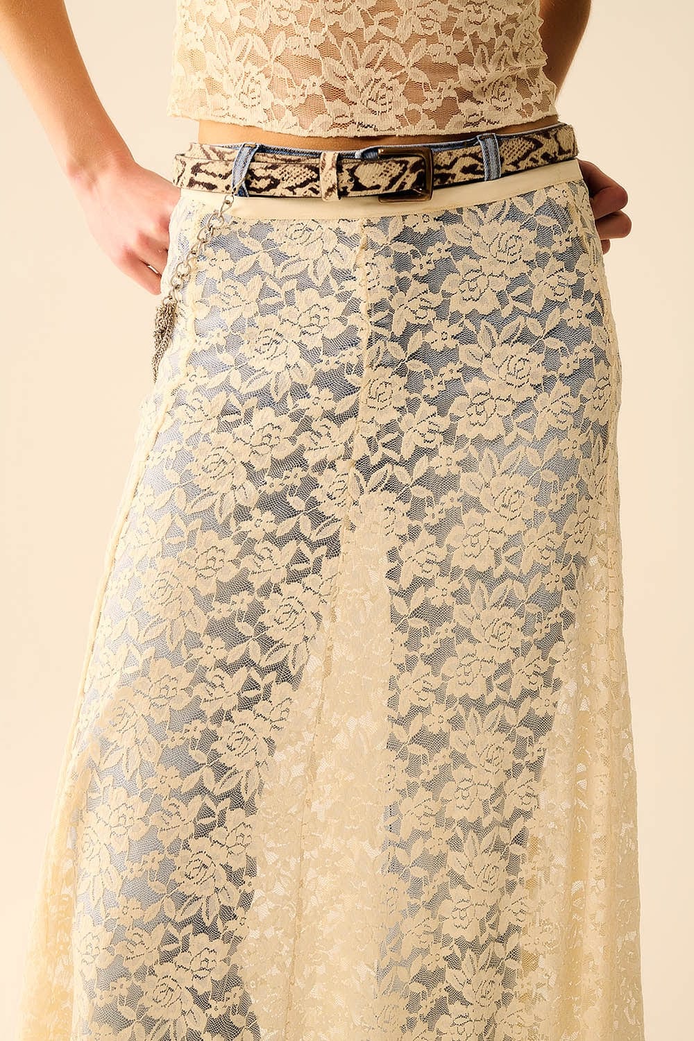 Q2 Women's Skirt Beige Lace Maxi Skirt With Floral Design