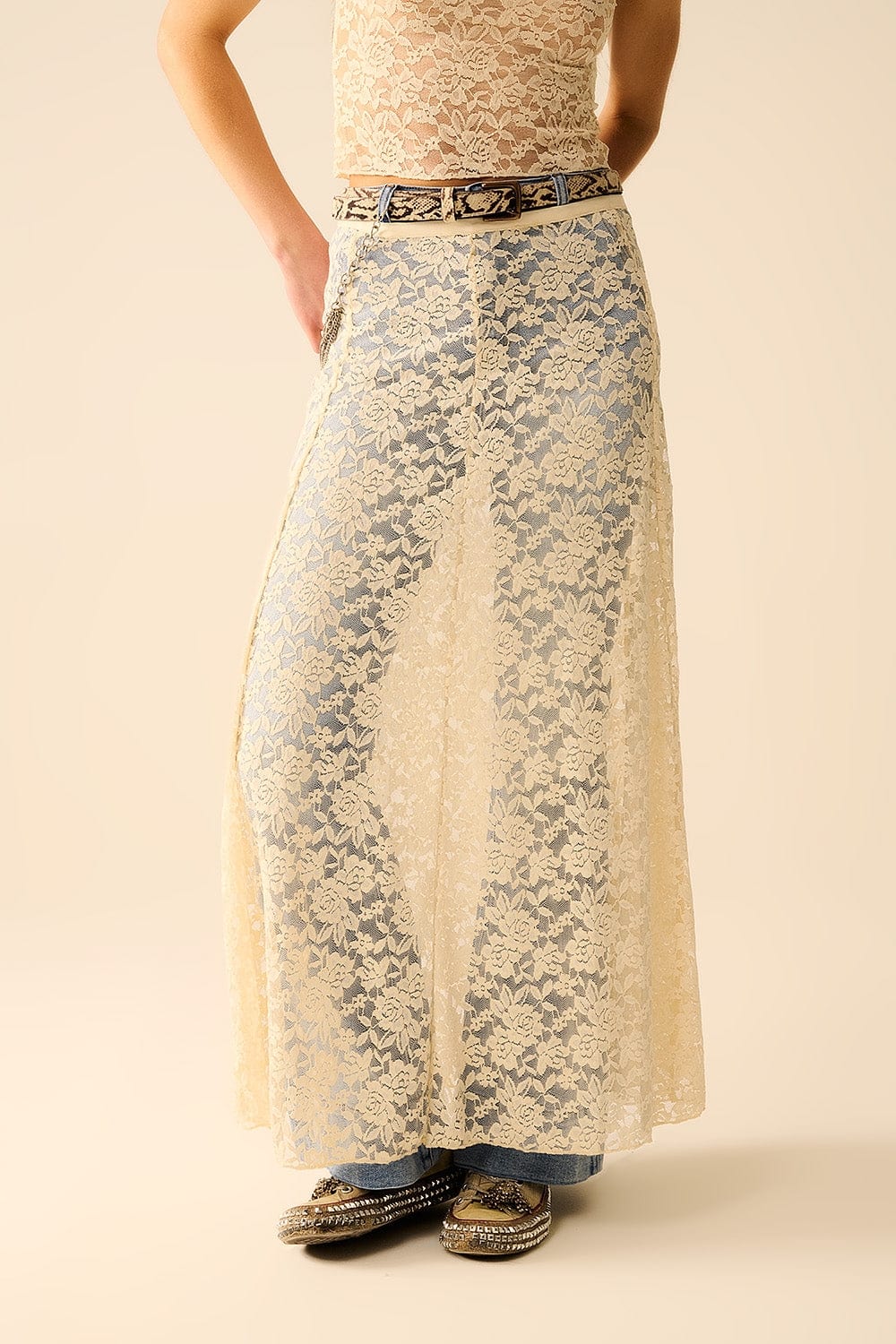 Q2 Women's Skirt Beige Lace Maxi Skirt With Floral Design