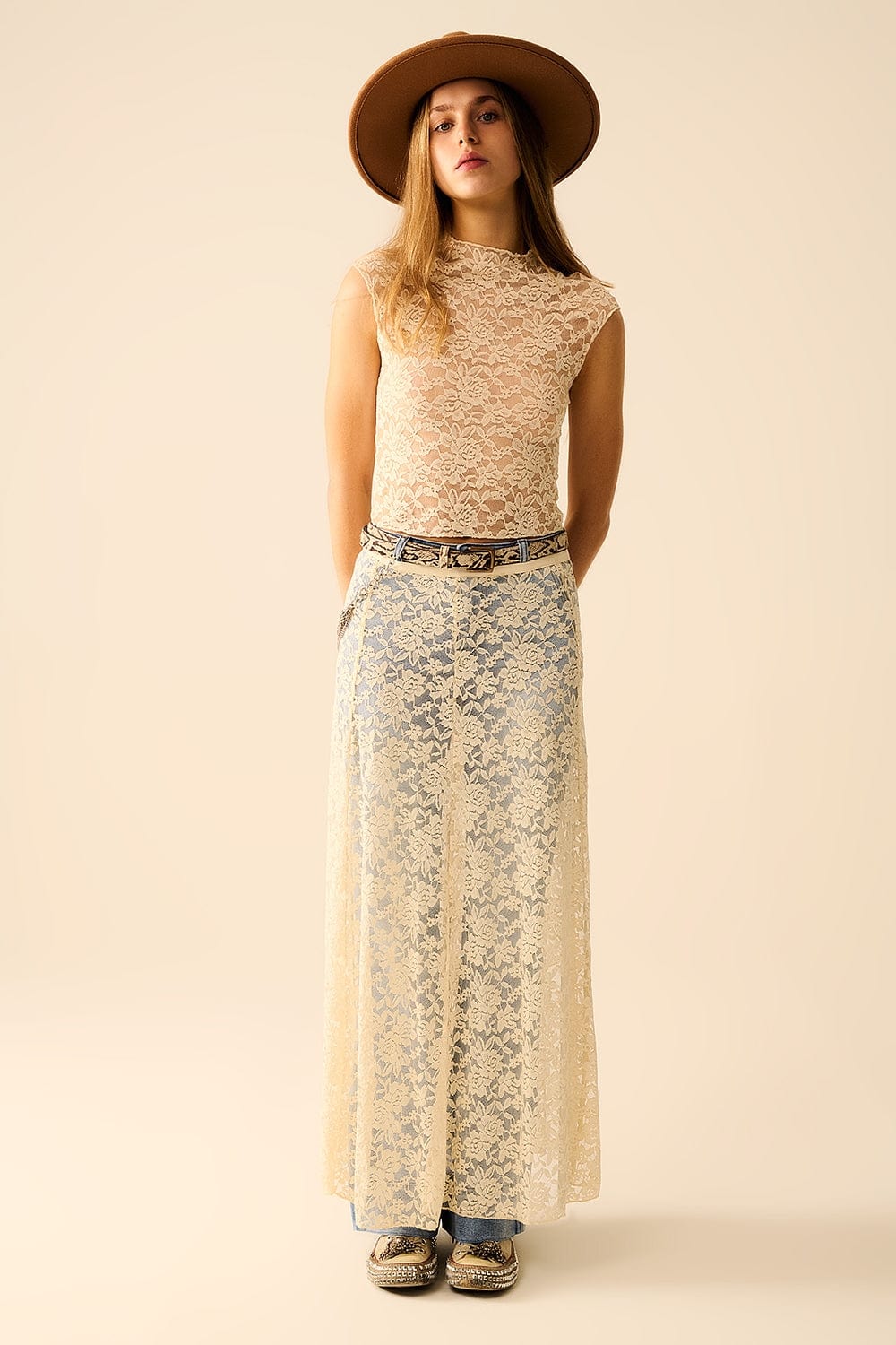 Q2 Women's Skirt Beige Lace Maxi Skirt With Floral Design
