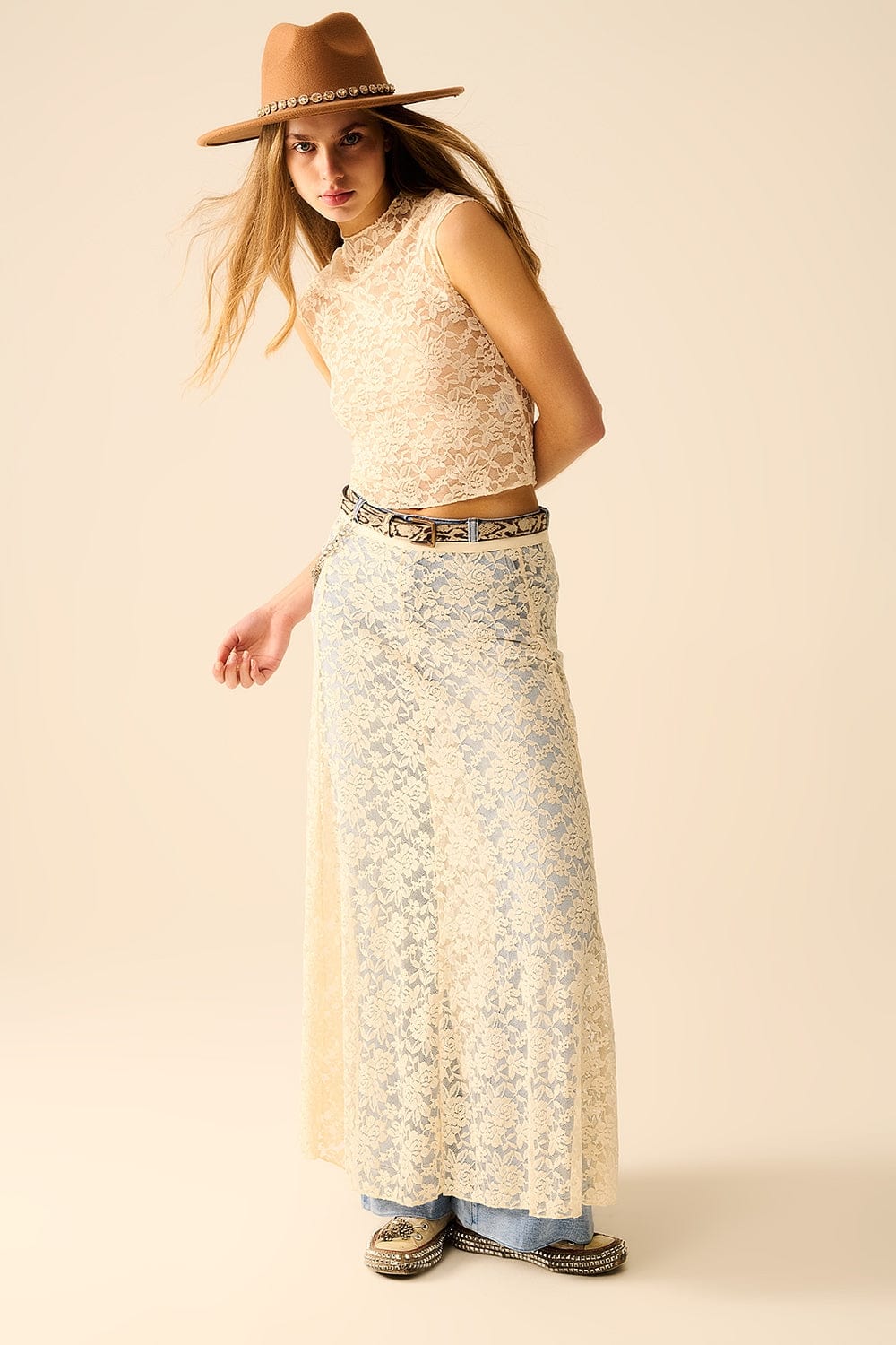 Q2 Women's Skirt Beige Lace Maxi Skirt With Floral Design